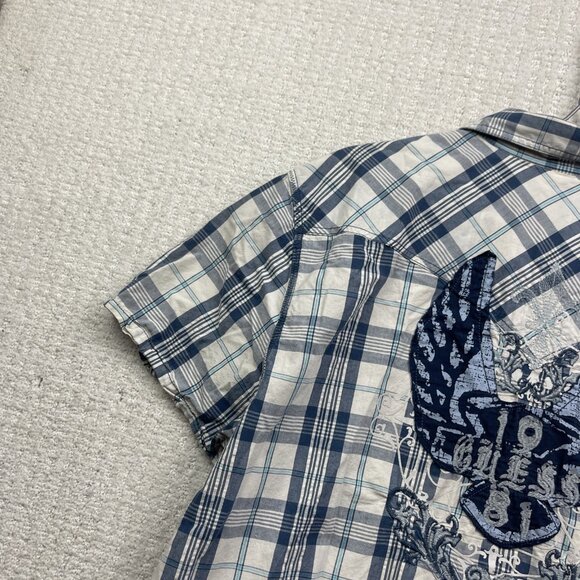 Y2K Guess Shirt Mens XXL Blue Plaid Grunge Button Up Distressed Punk lily flower - Picture 10 of 13